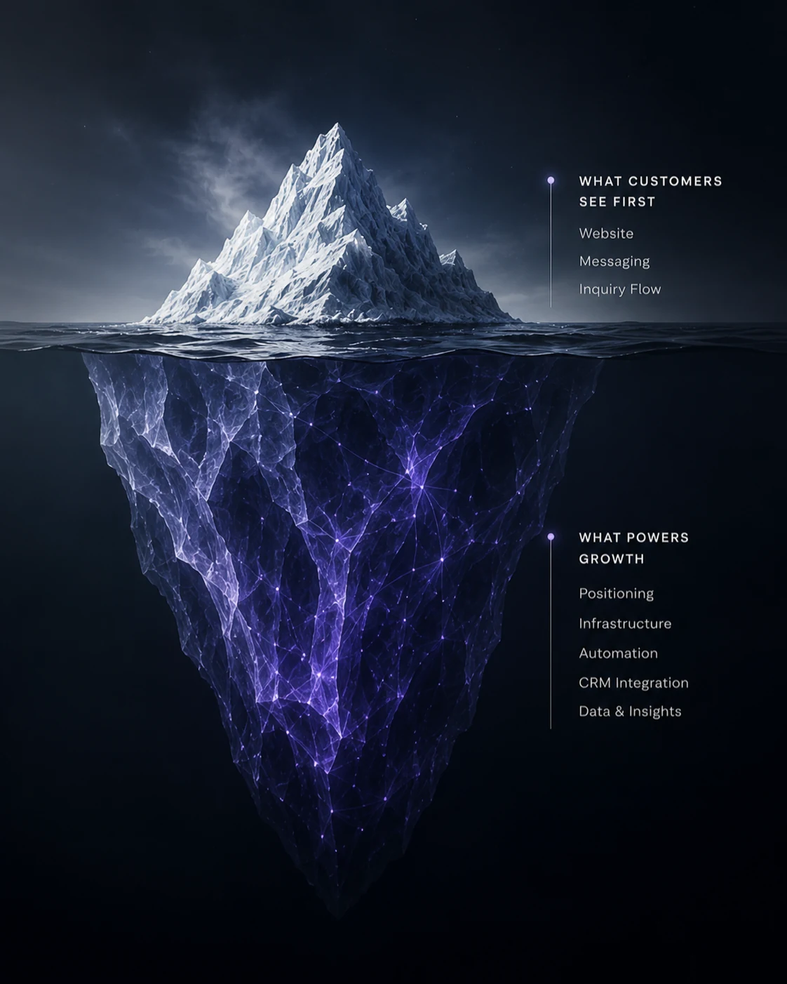 Iceberg visual showing the visible customer experience above the surface and the systems that power growth below it.