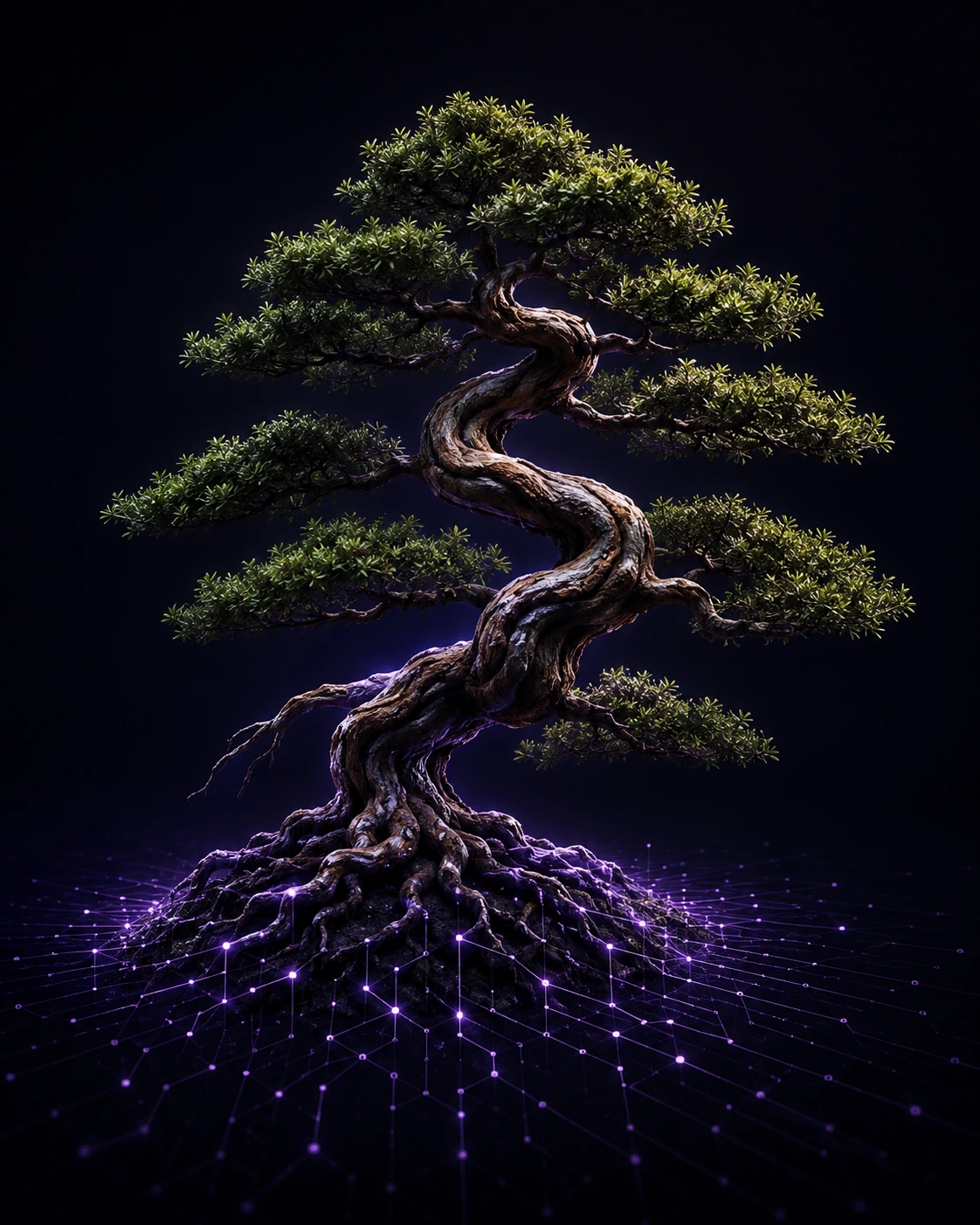 Sculptural bonsai tree with roots transitioning into a purple digital network, representing the systems behind a growing business.